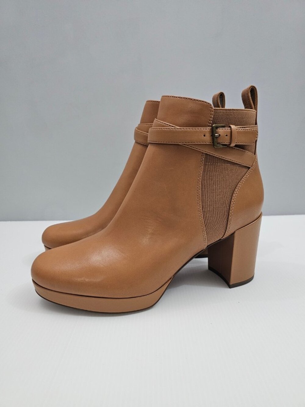 Vionic Nella Platform Ankle Boots Womens 9 Camel Tan Leather Block Heel Buckle